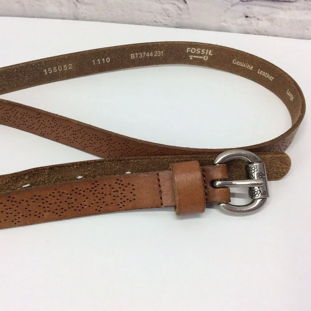 Fossil Thin Belt Women's Size L Brown Leather Tooled Boho Cowgirl Festive Casual